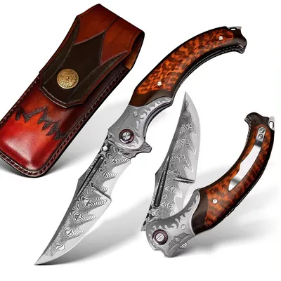 Produktbild von HARAHU HI-31417 Damast Jagd-Klappmesser - Braun KP31417