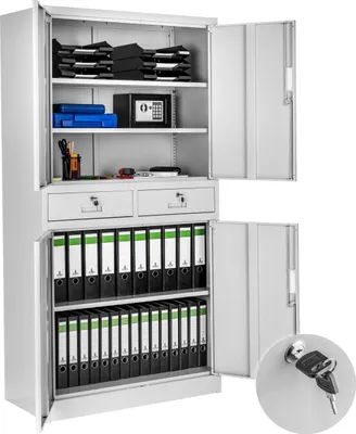A gray metal filing cabinet with its doors open, showing organized folders, a small safe, and office supplies.