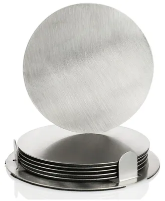 Produktbild von Untersetzer Glasuntersetzer Tischuntersetzer - 7-teilig mit Halter - Edelstahl - Silber und Schwarz - 8,8 cm Durchmesser