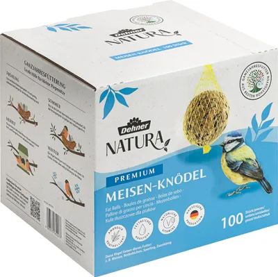 Produktbild von Dehner Natura Premium Meisenknödel mit Netz, ganzjähriges Wildvogelfutter proteinreich / energiereich, Vogelfutter für Wildvögel, 100 Stück je 90 g (9 kg), Karton aus FSC®-er Produktion