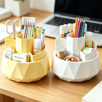 Produktbild von Elzusha – 2 drehbare Stifthalter – 360° Schreibtischorganizer mit 4 Fächern – Weiß/Gelb
