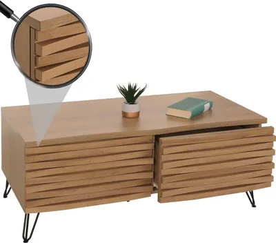 Image de Table basse HWC-M49, Table de salon, design 3D 2 tiroirs MDF métal 46x110x55cm ~ naturel