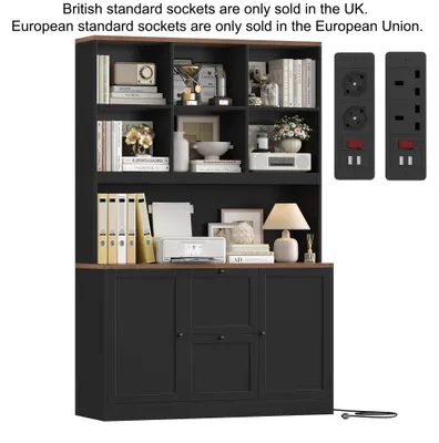 Immagine prodotto di Libreria - Scaffale portadocumenti con ante e 2 cassetti - 116x40x182 cm per cartelle A4 - Legno - Con presa di corrente - Nero