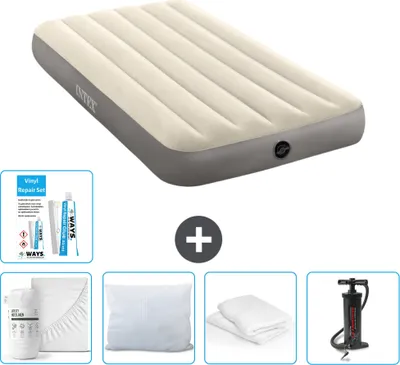 Productafbeelding van Intex luchtbed – 1 persoon – 99 x 191 x 25 cm – Beige – Inclusief: laken, kussen, pomp, reparatieset en kussenbeschermer
