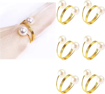 Produktbild von Perlen Serviettenringe Hochzeit - Elegante Halter - 6 Stück - Gold