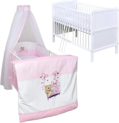 Produktbild von Baby Delux Babybett Komplett Set 9-TLG Kinderbett umbaubar zum Juniorbett 70x140 Matratze Jack Bettset Chiffonhimmel (Schaukelfreunde)