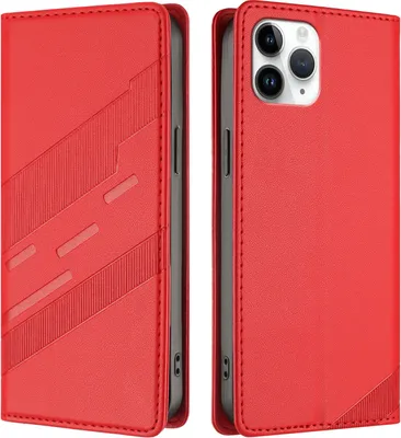 Produktbild von Hülle für iPhone 11 Pro, Kunstleder Brieftaschen Handyhülle mit Kartenfach und Standfunktion Rot