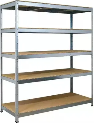 A metal shelving unit with wooden shelves against a white background.
