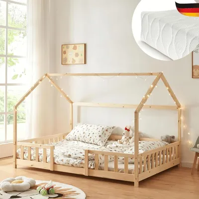 Produktbild von DELUKE® Kinderbett 120x200 cm LULO - Inkl. Matratze, Lattenrost, Rausfallschutz | Einzelbett Hausbett Kinderzimmer Bodenbett Kinder Bett Klein Montessori Bett | Braun