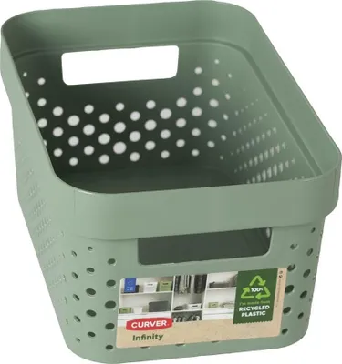 A green storage basket with holes and handles, shown from a slightly elevated angle.