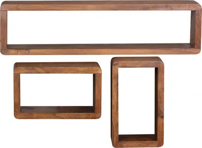Three wooden cube shelves of varying sizes, arranged against a white background.