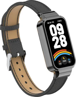 Produktbild von Strap-it Lederarmband mit Schnallenverschluss - passend für das Xiaomi Smart Band 9 Active (Schwarz)