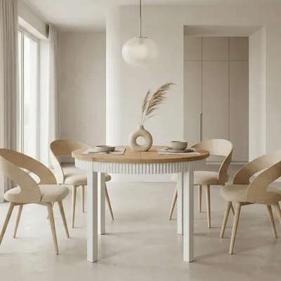 Image de Table à manger ronde à rallonges RAVO – pieds en hêtre strié, diamètre : 90 / 140 cm, couleur : chêne Craft Golden / blanc