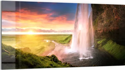 Produktbild von DEQORI Glasbild Echtglas 100x50 cm 'Seljalandsfoss Wasserfall' Wandbild Bild modern Deko