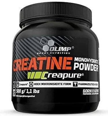 A black jar of Olimp Sport Nutrition Creatine Monohydrate Powder.