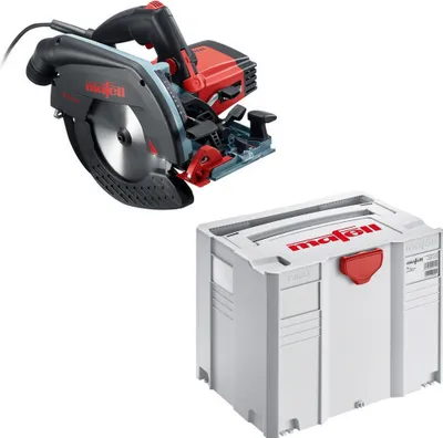 A Mafell circular saw and its storage case are displayed against a white background.