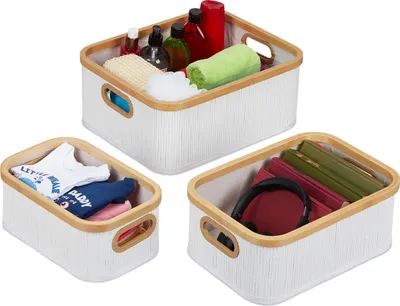 Image de Panier de rangement Relaxdays en bambou, lot de 3, panier de salle de bain avec poignée, 3 tailles, bacs de rangement, blanc/naturel