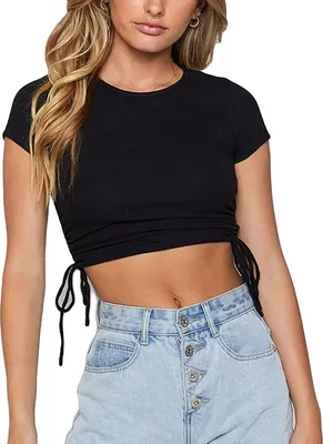 Produktbild von ASKSA Damen Kurzarm Crop Top Rundhals T-shirt y Slim Kordelzug Tunika Blumen Print Bluse Oberteil, Schwarz, M