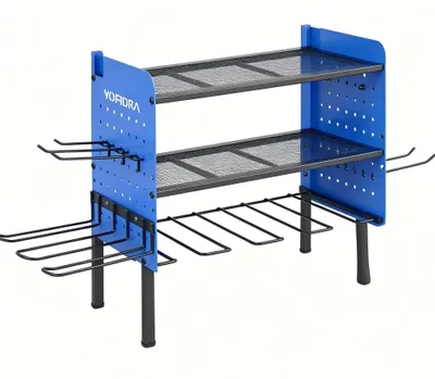 Produktbild von Wandmontierter Werkzeugorganizer - 3-stöckiges Metall-Werkzeugregal - Bohrmaschinenhalter - Für Werkstatt und Lochplatte - Schwerlast Aufbewahrung - 42,9x22x30 cm