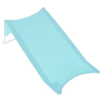 A light blue baby bath support made of terry cloth is shown against a white background.