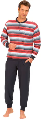 Produktbild von Herren Pyjama Schlafanzug lang mit Bündchen in Streifenoptik - auch in Übergrösse - 62736 ; rot , 54