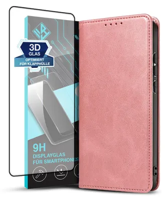 Produktbild von Handyhülle für Xiaomi Redmi Note 13 Pro+ 5G mit 9H Displayglas Kunstleder Flip Cover Hülle Klapphülle Case Kartenfach Farbe: Rosa