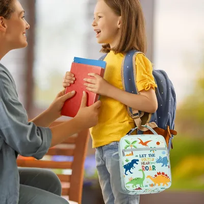 Immagine prodotto di Borsa pranzo per bambini con dinosauro verde - porta pranzo portatile con portabottiglie
