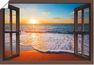 Produktbild von ARTland Poster Fensterblick Sonnenuntergang Meer Größe: 100x70 cm