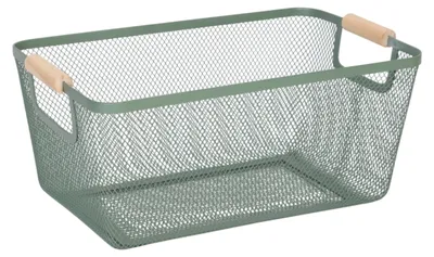 Imagen del producto de Relaxdays, cesta de alambre con asas de madera, rectangular, cesta de almacenamiento de metal, dimensiones 16,5 x 37 x 22,5 cm, ideal para la cocina o el baño, color verde menta