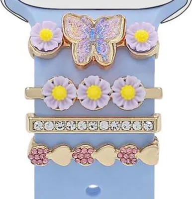 Produktbild von Smartwatch Deko-Ringe Schmetterling Blume Gold Metall 4er Set 22mm Zubehör
