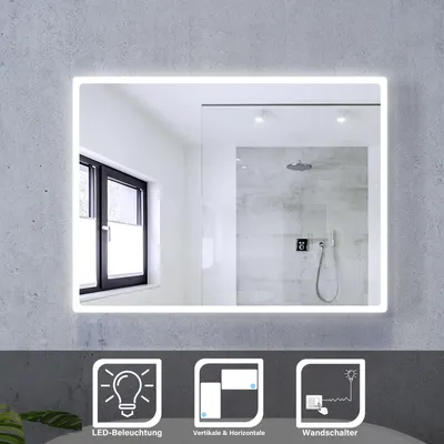 Obrázok produktu pre Kúpeľňové zrkadlo SONNI 80 x 60 cm s úsporným osvetlením LED okraj matný svetelný pás bez medi a olova zrkadlo IP44 nástenné zrkadlo
