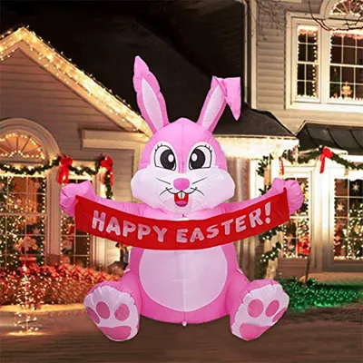 Produktbild von 5FT  aufblasbarer Osterhase mit Banner, aufblasbare Osterdekoration für den Garten, riesiger rosa Hase mit LED-Lichtern für die Osterfeier