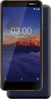 A blue Nokia 3.1 smartphone with a gold trim is shown from the front and side.