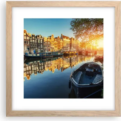 Produktbild von Gerahmtes Poster - Rahmen in heller Eiche - Kanal Boot Amsterdam Wasser - 30x30 cm - Wand Bild - Wanddeko - Wandbilder - Wandposter - Bilderrahmen - Bilder - Kunstdruck - Wandbild - P2NAC30x30-2857