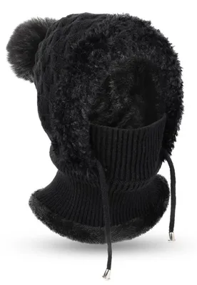 Productafbeelding van Wintermuts voor dames met sjaal en gezichtsmasker, thermische gebreide muts met balaclava, fleecevoering, zwart