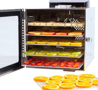Immagine prodotto di Essiccatore per alimenti in acciaio inossidabile Nobel S • 6 ripiani • Timer a 24 ore • Temperatura da 30 a 90°C • 400 Watt • Pannello di controllo a LED • Essiccatore