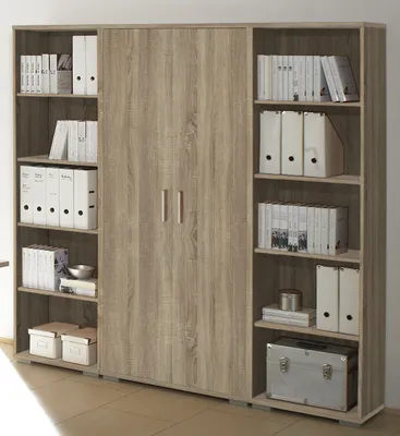 A wooden shelving unit with doors, filled with binders and boxes.