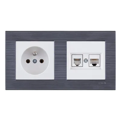 Image de Prise simple avec mise à la terre + prise RJ45 pour ordinateur (cat. 6) + prise RJ11 pour téléphone, blanche + double cadre magnétique, gris, EXEN