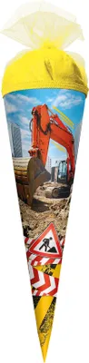 Produktbild von ROTH Schultüte klein Achtung Bagger 35 cm rund Tüllverschluss Zuckertüte Schulanfang