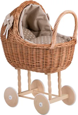 Produktbild von Lili Rattan-Puppenwagen mit beiger Umrandung, Decke und Kissen 50cm