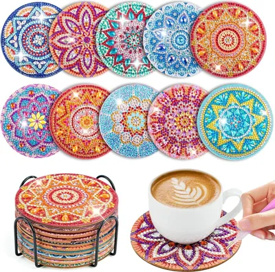 Produktbild von 10 Stück Diamond Painting Untersetzer Mit Halter, Diamant Tassenuntersetzer, Diamond Painting Erwachsene zum Basteln,DIY Mandala Untersetzer rutschfest