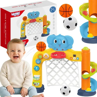 Image de WOOPIE BABY : Centre de jeux interactif 2 en 1, transformable en porte de but et en panier de basket, avec un éléphant