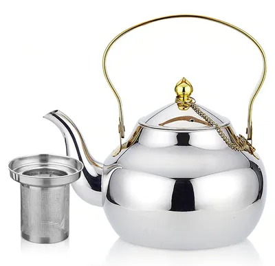 Edelstahl-Teekanne 1,2 l mit Sieb, goldener Griff, Induktion geeignet