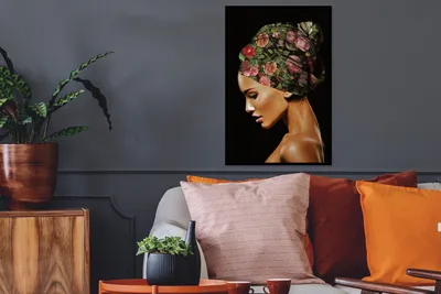 Produktbild von MuchoWow® MuchoWow® Gerahmtes Poster Frau - Kopftuch - Blumen 40x60 cm - Poster mit zchwarzem Bilderrahmen - Papierdruck - Wandbilder