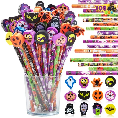 Produktbild von JOYIN 108-teiliges Halloween-Bleistifte mit Radiergummis, Schrein-Set, 108 bunte Bleistifte in 6 Designs, 108 riesige Radiergummis in 12 Stilen für Kinder, Süßes oder Saures