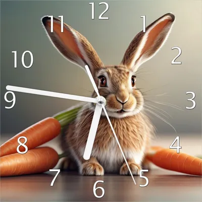 Produktbild von Wallario Design Wanduhr Flauschiger Hase mit Möhren aus Echtglas, Größe 20 x 20 cm