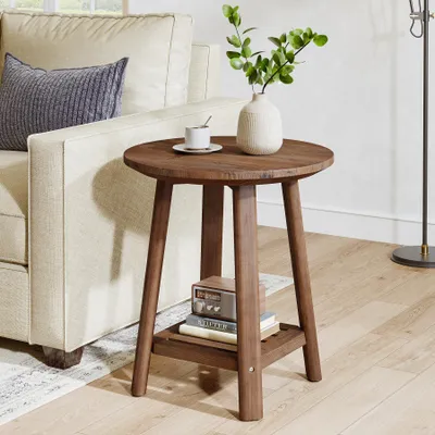 Produktbild von Tribesigns Beistelltisch aus Massivholz, kleiner runder Couchtisch mit zwei Ebenen und Ablagefach, Nachttisch im Landhausstil für kleine Räume