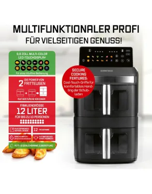 Obrázek produktu pro GOURMETmaxx FryUp XL vertikální dvoukomorová horkovzdušná fritéza s průzorem - 12 l | Fritéza s 9,6palcovým vícebarevným dotykovým LED displejem a 12 funkcemi