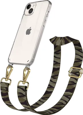 Produktbild von EAZY CASE Handykette - Verstellbarer Trageriemen kompatibel mit Apple iPhone 14 Plus, Handykordel mit transparenter Silikon-Hülle, Karabiner Gold, Camouflage Style, Band in Grün