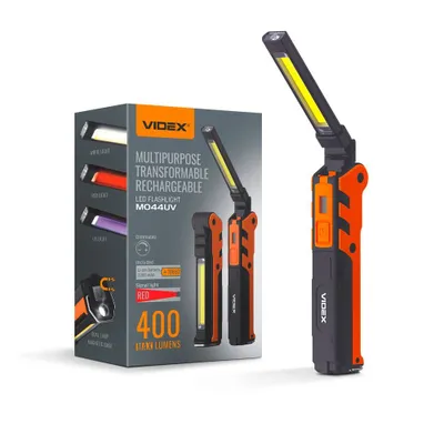 A product shot of a Videx LED flashlight and its packaging.